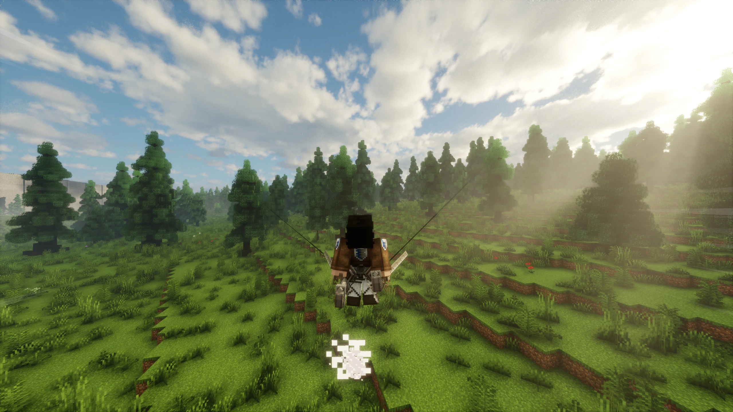 A player flying between trees with both hooks attached (third person).