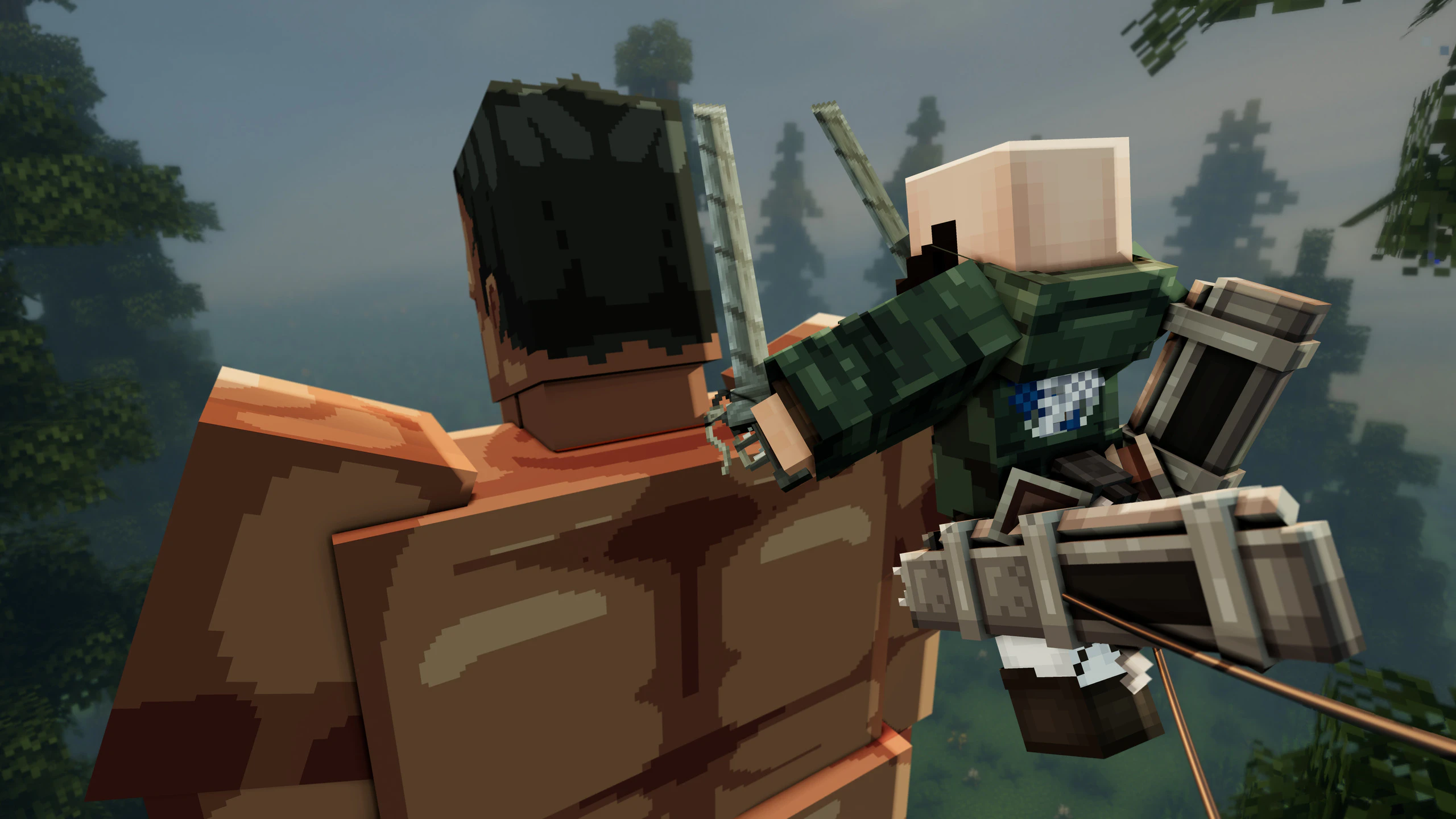 A player with ODM gear slashing a Pure Titan's nape from behind.